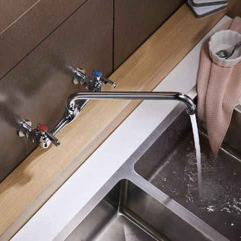 Wall Mount Kitchen Faucet With 8 Inch Center Swivel Spout Dual Handle Heavy Duty Pro Grade Chrome Mixer Tap For Laundry And Utility Sinks Easy DIY Installation Restaurant Style Water Faucet installed over a sink