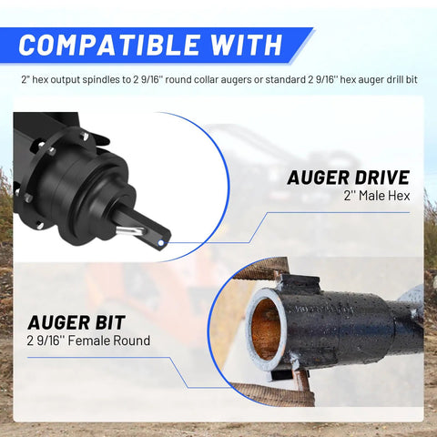 Heavy Duty Auger Adapter Coupler Converting Two Inch Female Hex To Two Nine Sixteenths Inch Male Round Shaft With Conversion Bolt Fits Skid Steer And Tractor Is A Grunt Work Beast That Makes The Dig Job Quick image showing 2" male hex and 2 9/16" female round compatibility.