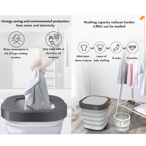 Compact Portable Washing Machine Mini Foldable Electric Washer Dryer Combo Energy Efficient Laundry Game Changer Easy Peasy Setup For Dorms Apartments And Road Trips Anywhere, showcasing its 0.8kg capacity and energy-saving features.
