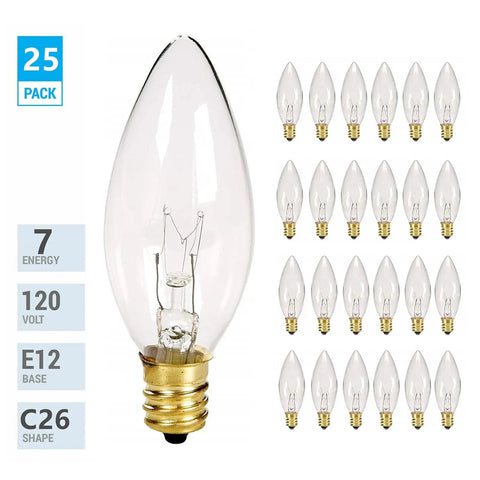 25 Pack Clear Torpedo Tip Candelabra Bulbs 7W 120V Lit Warm White 2700K For Electric Window Candles Chandeliers And Lamps With E12 Base
