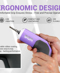 Hand holding 4V Cordless Screwdriver Set With 2000mAh Battery, USB C Charging, compact purple device with ergonomic grip