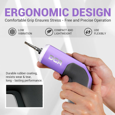 Hand holding 4V Cordless Screwdriver Set With 2000mAh Battery, USB C Charging, compact purple device with ergonomic grip