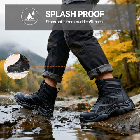 Steel Toe Work Boots For Men Built Tough For The Jobsite With All Day Breathable Comfort And Anti Smash Protection Puncture Resistant Heavy Duty Footwear For Warehouse And Industrial Tasks showcasing splash proof feature.