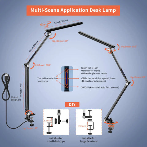 Diagram of Led Desk Lamp With Swing Arm And Clamp Dimmable Ten Color Modes From 2700K To 7000K Ten Brightness Levels Eye Friendly Clip On Light
