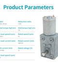 12V Mini Self Locking Worm Gear Motor With Cable, 65 RPM, 0.75 Kg.cm Torque, 6mm Shaft, product parameters and specs chart