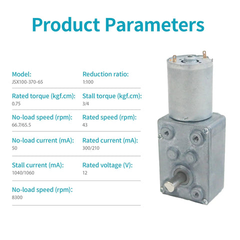 12V Mini Self Locking Worm Gear Motor With Cable, 65 RPM, 0.75 Kg.cm Torque, 6mm Shaft, product parameters and specs chart