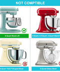 Visual comparison of stand mixer compatibility showing 6-Quart Bowl-Lift model and incompatible mixers.
