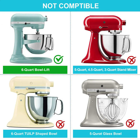 Visual comparison of stand mixer compatibility showing 6-Quart Bowl-Lift model and incompatible mixers.