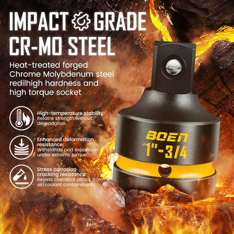 8 Piece Impact Socket Adapter And Reducer Set For One Quarter Three Eighths One Half Three Quarters Inch Drives Cr Mo Steel Impact Driver And Wrench Conversion Kit With Deep Embossed Markings Seamlessly Connect Any Drive Size And Cut Tool Costs, close-up view of a socket adapter labeled 1"-3/4" made from heat-treated forged chrome molybdenum steel with durability features.