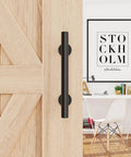 Sliding Barn Door Handle Hardware Two Sided Design In Black Carbon Steel With Brushed Stainless Steel 304 Build installed on wooden door