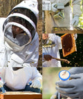 Beekeeper using All-In-One Beekeeping Starter Kit With 30 Must-Have Tools For Hive Checks and Honey Harvesting in protective wear.