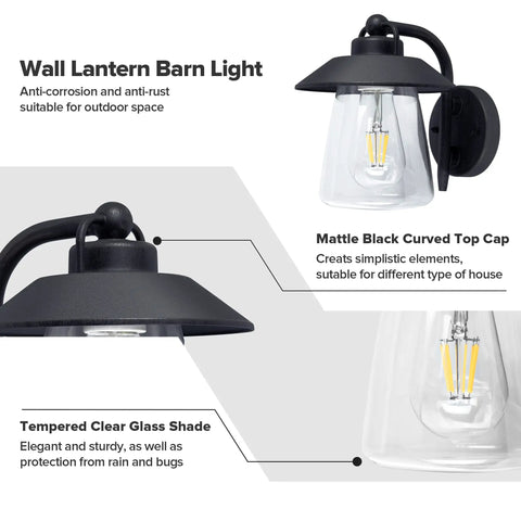 Top Shelf Premium Matte Black Wall Lantern With Slick Clear Glass Panel, angled view showcasing tempered glass shade and curved top.