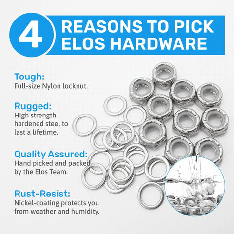 Lock Nuts And Truck Washers Kit For Skateboards 30 Piece Set shown with rust resistant nickel-coated parts.