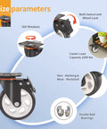 5 Inch Caster Wheels With Brake Set Of 4 Heavy Duty 2000 Lbs Industrial Swivel Casters Polyurethane Quiet Wheels For Cart And Workbench Dual Locking Safety Brakes Two Hardware Kits Included, showing size parameters and features like 360° rotation, wheel lock, and durability details.