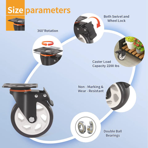 5 Inch Caster Wheels With Brake Set Of 4 Heavy Duty 2000 Lbs Industrial Swivel Casters Polyurethane Quiet Wheels For Cart And Workbench Dual Locking Safety Brakes Two Hardware Kits Included, showing size parameters and features like 360° rotation, wheel lock, and durability details.