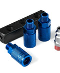 Workhorse Aluminum 3 Way Air Manifold And Splitter With Four Ports For Pneumatic Tools, showing blue couplers and NPT plug.