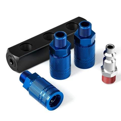 Workhorse Aluminum 3 Way Air Manifold And Splitter With Four Ports For Pneumatic Tools, showing blue couplers and NPT plug.