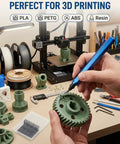 Heavy Duty 11 Blade HSS Deburring Tool Kit For Metal And PVC shown cleaning 3D printed gear with ergonomic blue handle.