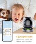 Indoor Security Camera 1080P HD WiFi 2.4G Only With 360 Degree View displayed with a smartphone showing sound detection alert notification.