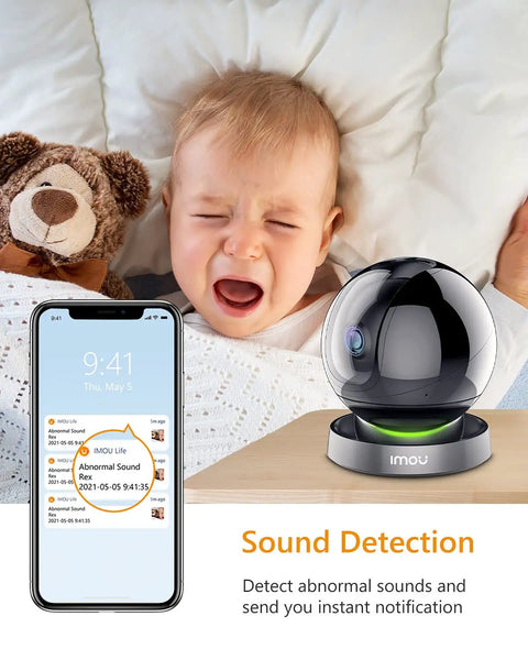 Indoor Security Camera 1080P HD WiFi 2.4G Only With 360 Degree View displayed with a smartphone showing sound detection alert notification.