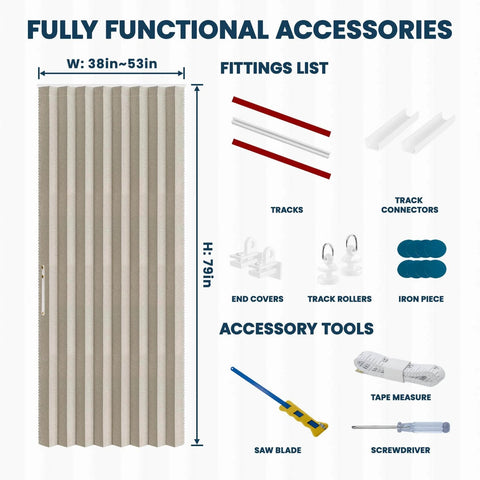 100 Percent Blackout Accordion Door Curtain For Sliding Glass Doors, cream white, with tracks, accessories, and tools, dimensions 38in x 79in