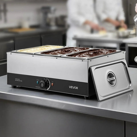 Pro Level Commercial Chocolate Melting Machine With Three Tanks And 27 Pound Capacity Featuring Smooth Water Bath Heating And Dead On Temperature Control For Hassle Free Cocoa Prep Daily in a kitchen setting.