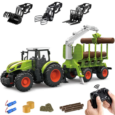 Awesome Remote Control Tractor Farm Playset with Trailer and Timber Truck, 2.4Ghz RC Tractor Kit with accessories shown