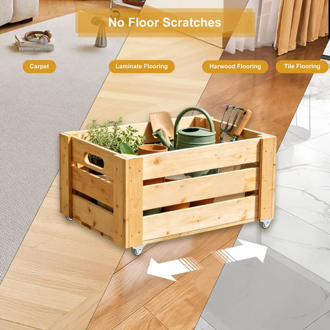 Wooden box on 1 Inch Small Rigid Caster Wheels Set With Low Profile Plate Non Swivel Rubber Casters on various floor types
