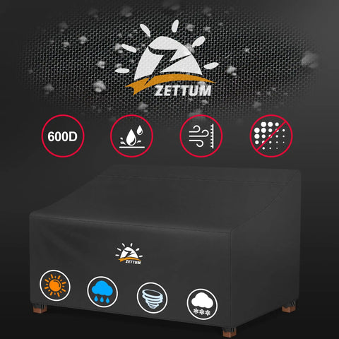 Beefed Up 600D Waterproof Patio Sofa Cover for 80 Inch Outdoor Couches with weatherproof protection icons and Zettum logo.