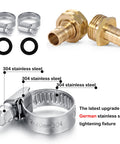 Garden Hose Repair Kit With Brass Barbed Fittings And Clamps For Quick Fixes DIY Friendly Includes Two Male And Two Female Ends Five Eighth Inch Barb Size Stainless Clamps And Extra Washers For Easy Install And Leak Free Connection showing brass fittings, stainless clamps, and washers.