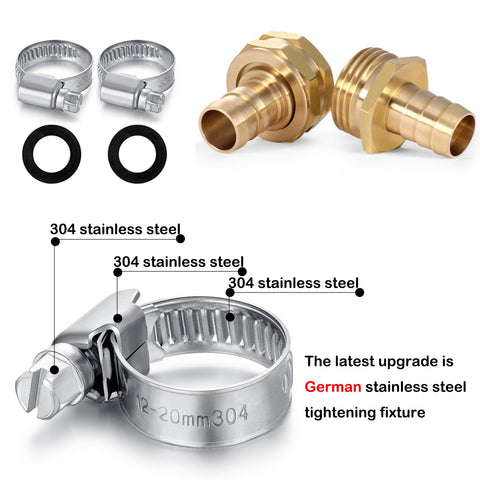 Garden Hose Repair Kit With Brass Barbed Fittings And Clamps For Quick Fixes DIY Friendly Includes Two Male And Two Female Ends Five Eighth Inch Barb Size Stainless Clamps And Extra Washers For Easy Install And Leak Free Connection showing brass fittings, stainless clamps, and washers.