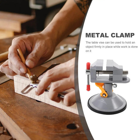 Mini Vise Clamp With Suction Mount Fully Rotatable Bench Vise for woodworking and metalworking on display with hands in use