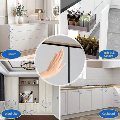 Push To Open Drawer Latch 6 Pack Heavy Duty Magnetic Cabinet Latches For Large Doors No Knobs Press To Open Spring Loaded Catch Kitchen Hardware Effortless Soft Close Design, showing hand operating mechanism on cabinetry.