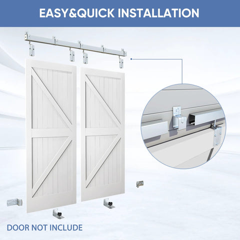 Exterior Sliding Barn Door Hardware Kit for Double Doors, 14ft Heavy Duty Track System, silver wall mount detail view