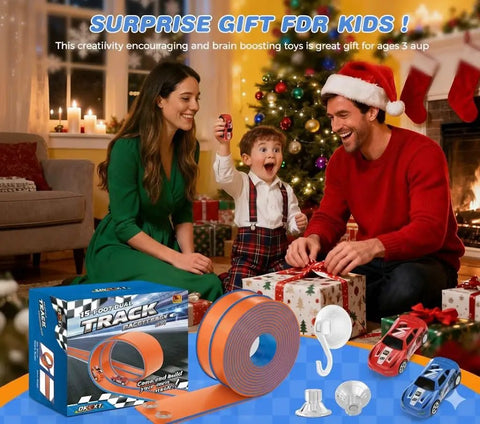 Family unwrapping Two Track Flexible Race Track Set For Kids With 15 Ft Of Buildable Track Includes 2 Toy Cars And 3 Suction Cup Ramps