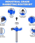 Diagram of Rabbeting Router Bits Set For Precise Rabbet Slots, 1/4 Inch Shank, 4-Piece Carbide Tipped Kit with components labeled.