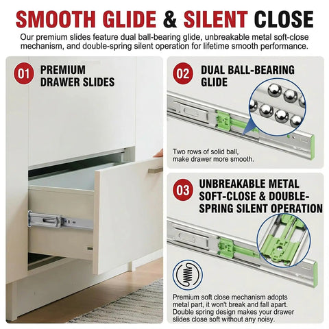 Infographic showing 10 Pair Drawer Slides 22 Inch Side Mount Built Tough Ball Bearing Cabinet Drawer Glides Full Extension Kitchen Cabinet Rails 100 Pound Capacity Soft Close Whisper Quiet For Smooth Quiet Cabinets, detailing smooth glide and silent close features.