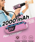 Pink Cordless Drill Set For Women 20V Lightweight Electric Power Drill With Three Eighths Inch Keyless Chuck Includes Power Pack And Charger Womens Tool Kit For Home Diy Projects And Quick Easy Household Fixes with battery and fast charger.
