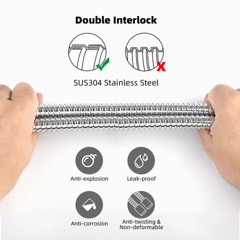 Person holding Heavy Duty All Metal Shower Hose 90 Inch Stainless Steel Brass Fittings Chrome showing double interlock design