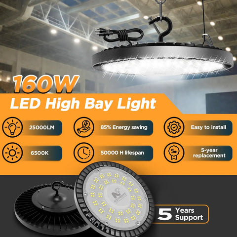 160W Four Pack UFO High Bay LED Shop Lights For Garage And Warehouse, 25000 Lumens, 6500K Daylight, IP65 Waterproof Industrial Work Light With 6.6 Ft Cord, Beast Bright, Great For Workshop, Factory, Gym showcasing energy efficiency and installation benefits.