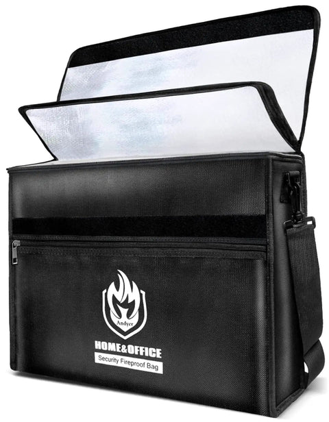 X-Large Thermal Insulated Fireproof Document Bag With Dual Pockets, 17x12x6 Inches, waterproof design open and visible