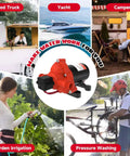 Collage featuring a 12V DC Fresh Water Diaphragm Pump For RVs And Boats On Demand Self Priming 4.0 GPM At 50 PSI in various uses.