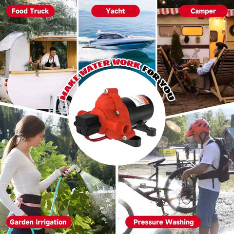 Collage featuring a 12V DC Fresh Water Diaphragm Pump For RVs And Boats On Demand Self Priming 4.0 GPM At 50 PSI in various uses.