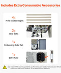Extra consumable accessories for Beefed Up Continuous Bag Band Sealer, including PTFE tapes, gear belts, roller set, and fuse.