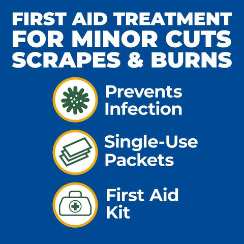 Blue infographic showing first aid elements: infection prevention, single-use packets, and a first aid kit icon.