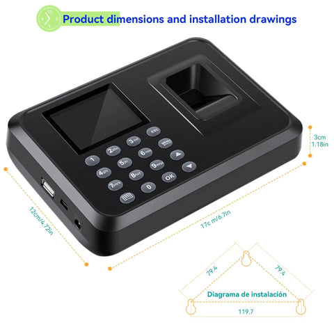 Fast Fingerprint Time Clock For Small Biz With Waterproof Sensor, showing product dimensions and keypad layout.
