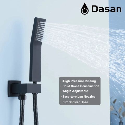Ceiling Shower System With 12 Inch Rain Head Handheld And Body Spray Kit Glossy Black handheld shower sprayer in use.