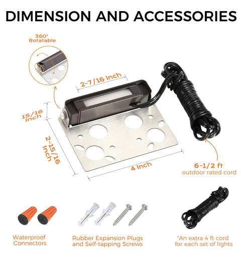 Image of 6 Pack 4 Inch Low Voltage Paver Lights For Outdoor Steps And Retaining Walls Easy Cuttable Design 12V 15VAC DC IP65 Waterproof Frost Lens showing dimensions and accessories including connectors and screws