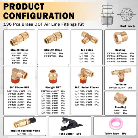 136-piece brass DOT air line fittings kit with push-to-connect fittings for air lines and hoses.