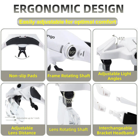 Lighted Magnifier Headset With Five Interchangeable Lenses ergonomic design and adjustable features for precision work